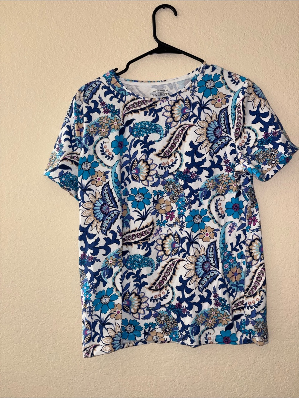 Talbots White Tee with Blue Floral Paisley Print